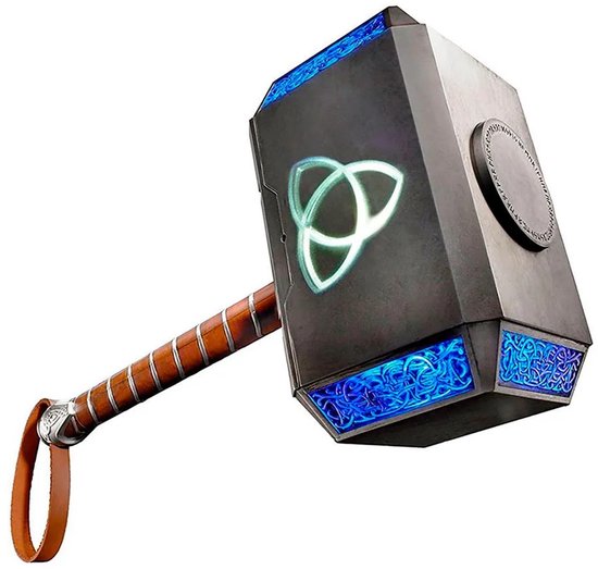 Mjolnir hamer met blauwe lichtgevende runen en een drievoudig symbool op de zijkant, met bruine grip.