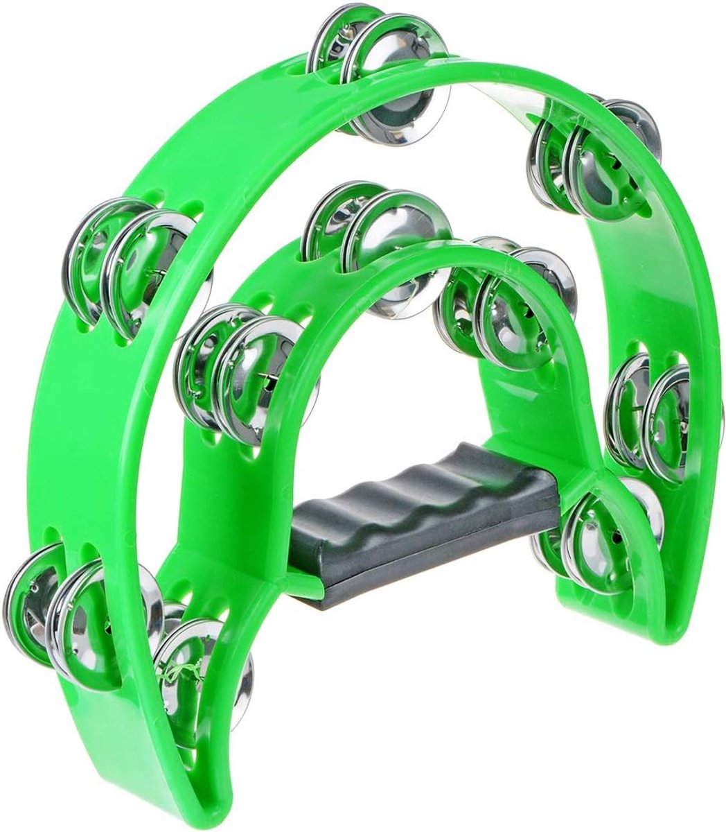 Muzikale Tamboerijn - Hand Percussie - Feest Muziek - Dubbele Rij Jingles - 25 cm Lengte - Groen