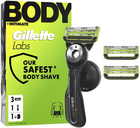 Gillette Labs BODY + INTIMATE scheersysteem, zwart met groen, "OUR SAFEST BODY SHAVE"