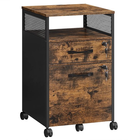 Bruin-zwarte archiefkast met drie lades en zwarte metalen details.