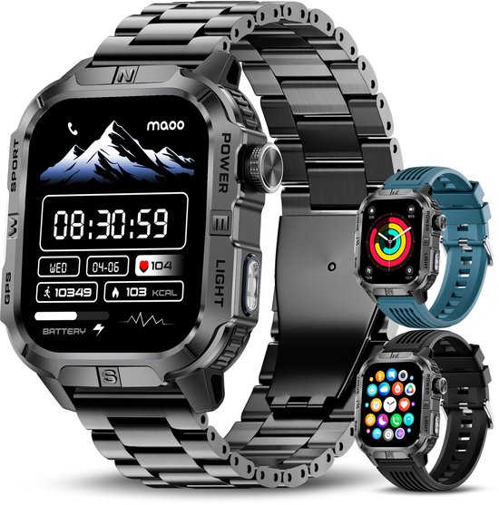 Maoo FORGE GPS Square - GPS Smartwatch Heren - Sporthorloge - 3 Bandjes - Stappenteller - Hartslagmeter - Slaapmonitor - Belfunctie - LED Zaklamp - Multisport - Geschikt voor Android en iOS - Gun Metal Blue
