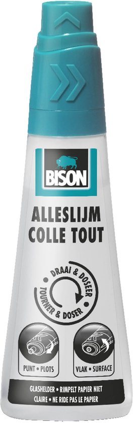 Bison Alleslijm 90 ml draai & doseer flacon - handige hobbymatige alleslijm met een 3-positie dop voor het lijmen van stippen, lijnen en oppervlakken voor thuis, kantoor, school