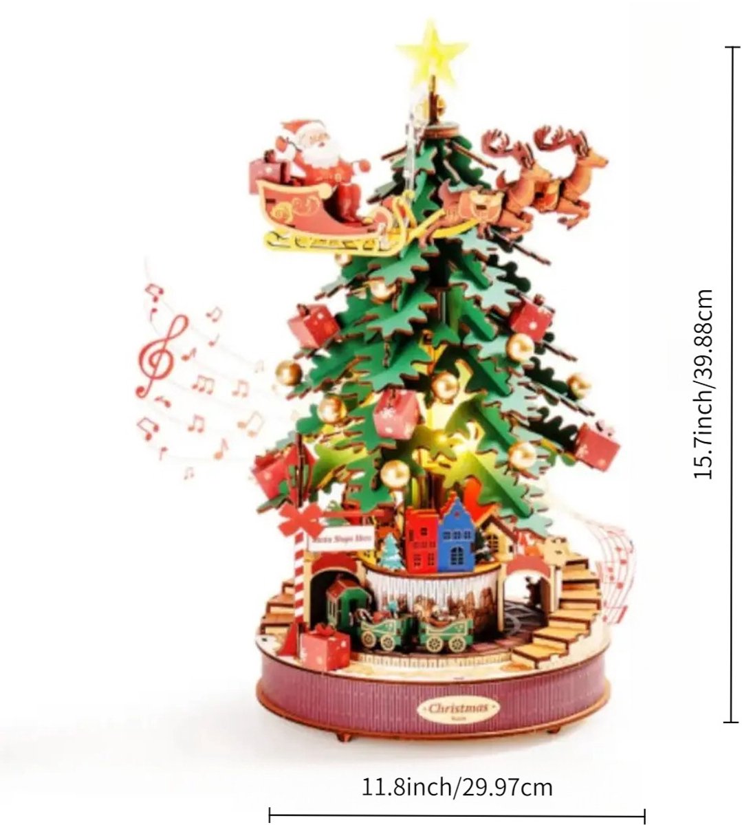 Robotime Christmas Melody Tree 3D Houten Muziekdoos – Kerstboom Bouwpakket – 319 Onderdelen - 30x30x40cm — afbeelding 12