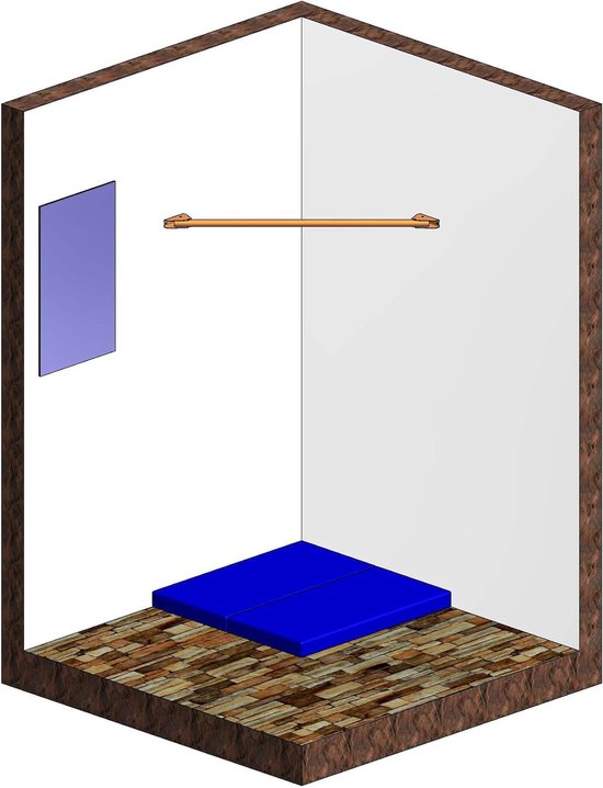 Wit optrekrek van 125 cm gemonteerd in een hoek, met blauwe mat en spiegel