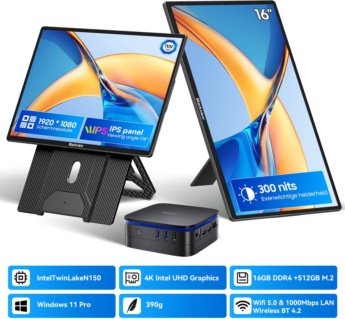 Blackview MP60 Mini PC + Table 10 Draagbare Monitor Set - 16GB DDR4 512GB SSD - Intel N150 tot 3,6GHz - Windows 11 - 5G WiFi Dual HDMI 4K - Gigabit Ethernet - 23,8 Inch FHD USB-C HDMI Toetsenbord - Zwart
