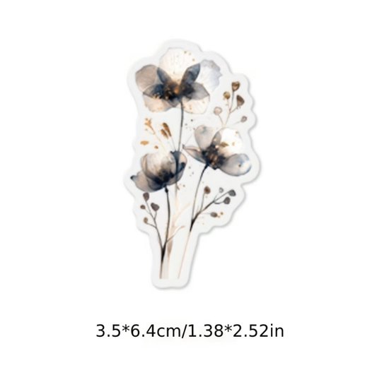 Trois fleurs stylisées et abstraites en gris foncé, blanc et doré avec des détails subtils et des brindilles.
