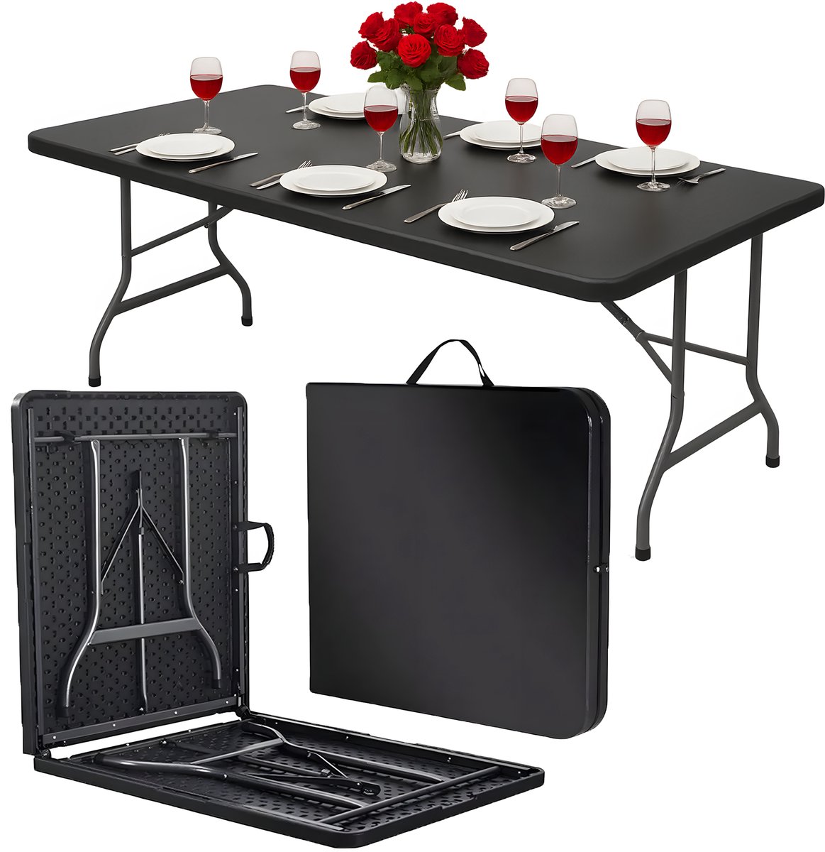 Opklapbare Cateringtafel 180 cm – Tuin Tafel – Inklapbaar – HDPE – 6 Personen – Zwart