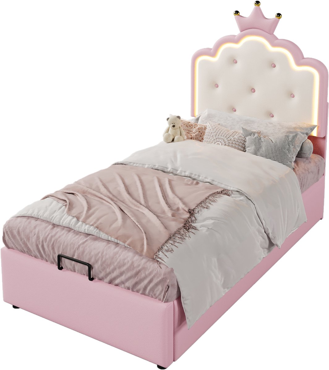 Wishdor Prinsessen kinderbed met opbergruimte en LED – 90 x 200 cm – Hydraulisch – PU – Roze – Sfeerverlichting – Kroonontwerp – Voor meisjeskamer