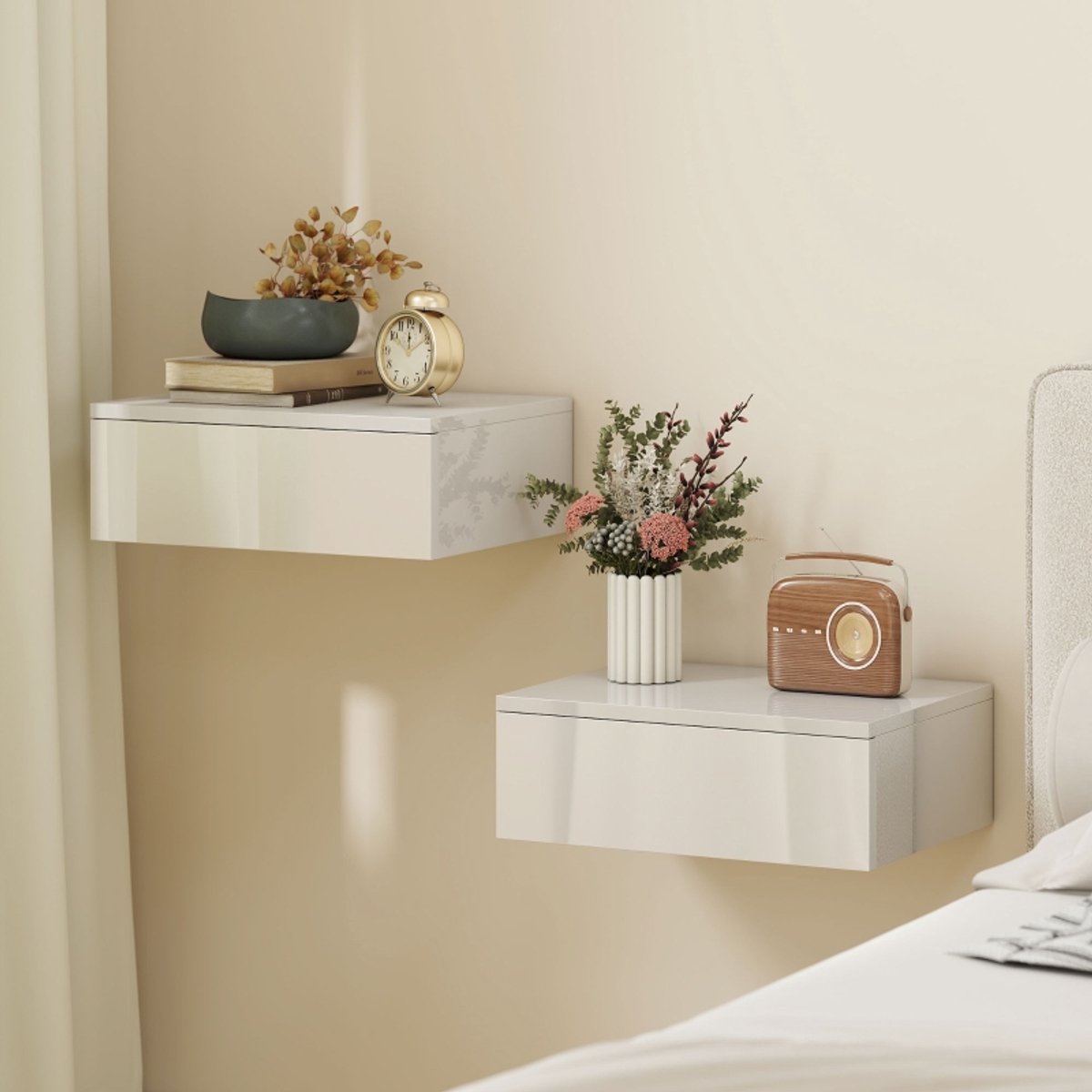Wishdor - Set Van 2 Wandnachtkastjes - Met Lade - Modern - Voor Slaapkamer - Spaanplaat - Wit