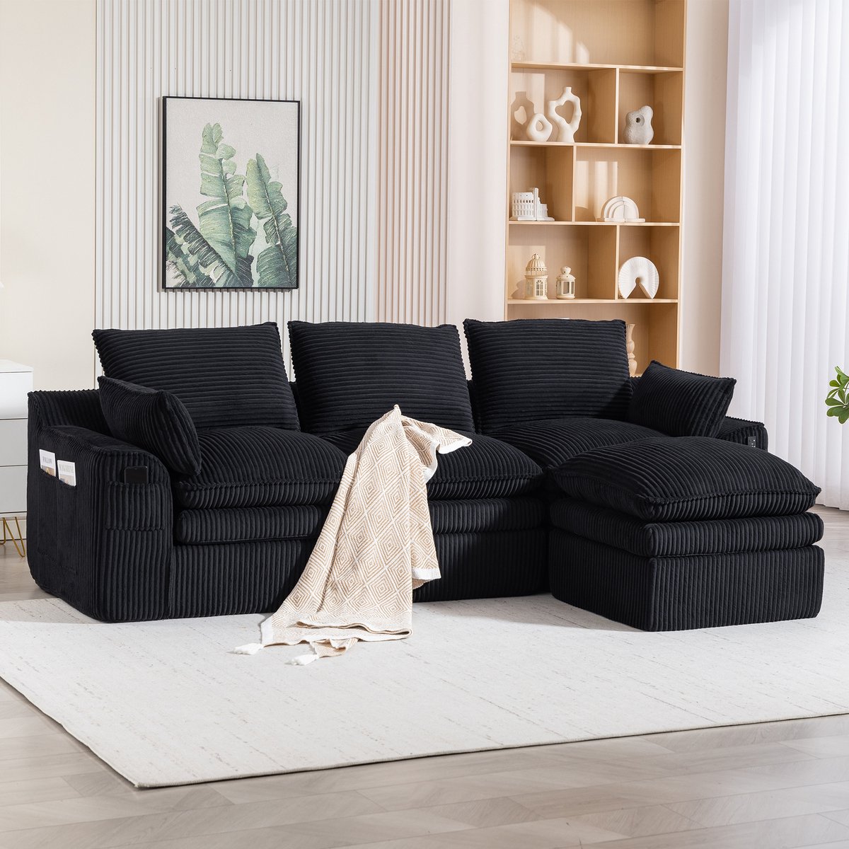 Wishdor Modulaire Hoekbank Met Hocker En Opbergvakken - Cord - Zwart - 263 x 167 x 85 cm