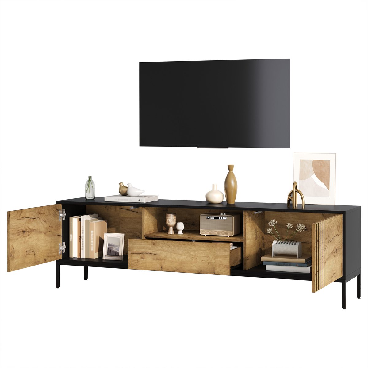 Wishdor Tv-Meubel - Met 2 Deuren En 1 Lade - Modern - Voor Woonkamer - Spaanplaat - Eikenkleur - 170 X 35 X 50 Cm