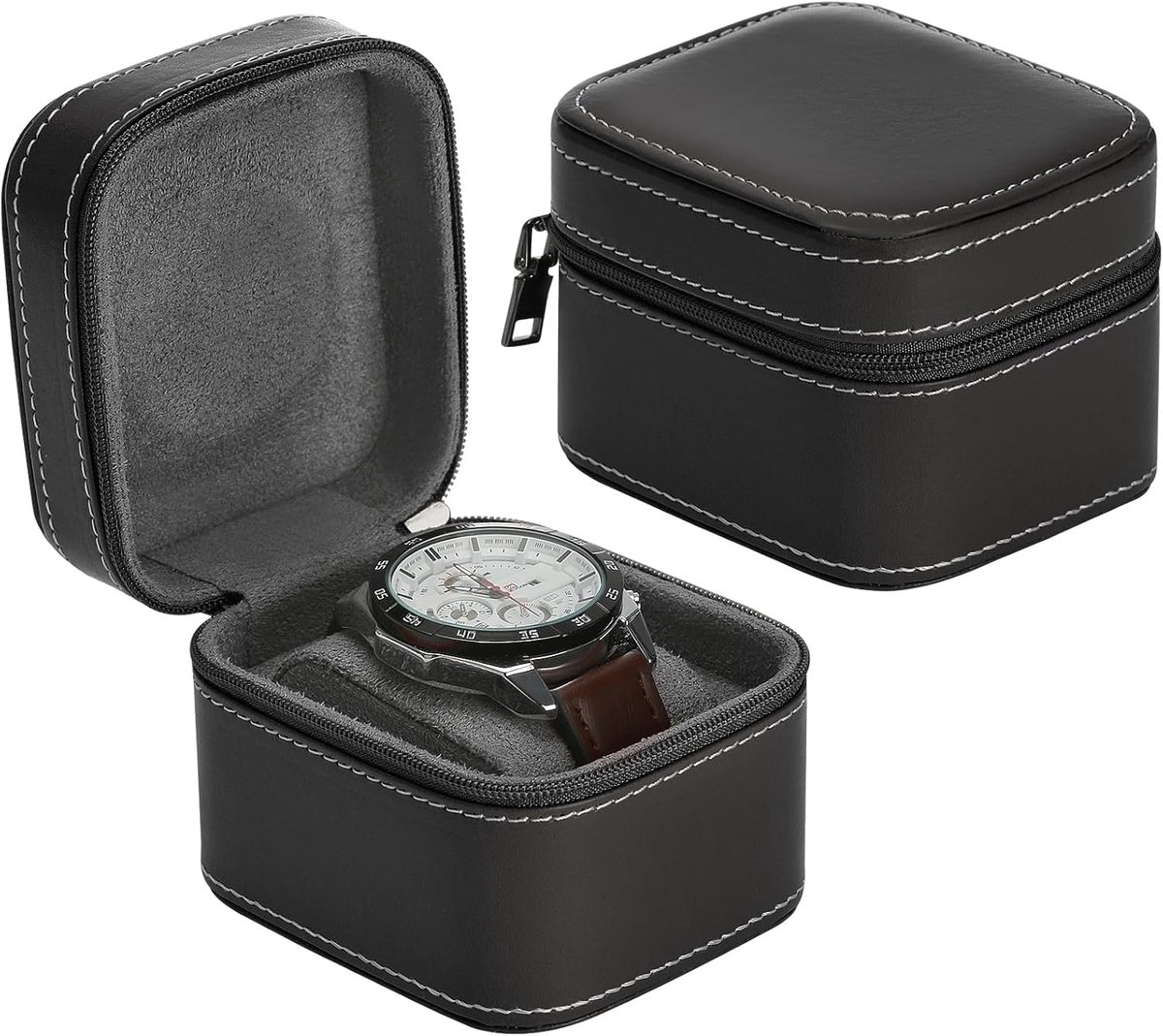 Horlogedoos voor één horloge - Horlogekoffer van PU-leer - Reishorlogekoffer met uitneembaar kussentje - Draagbare horlogehouder met ritssluiting - Ideaal voor reizen, zakenreizen en tentoonstellingen - 10 x 8 x 8 cm