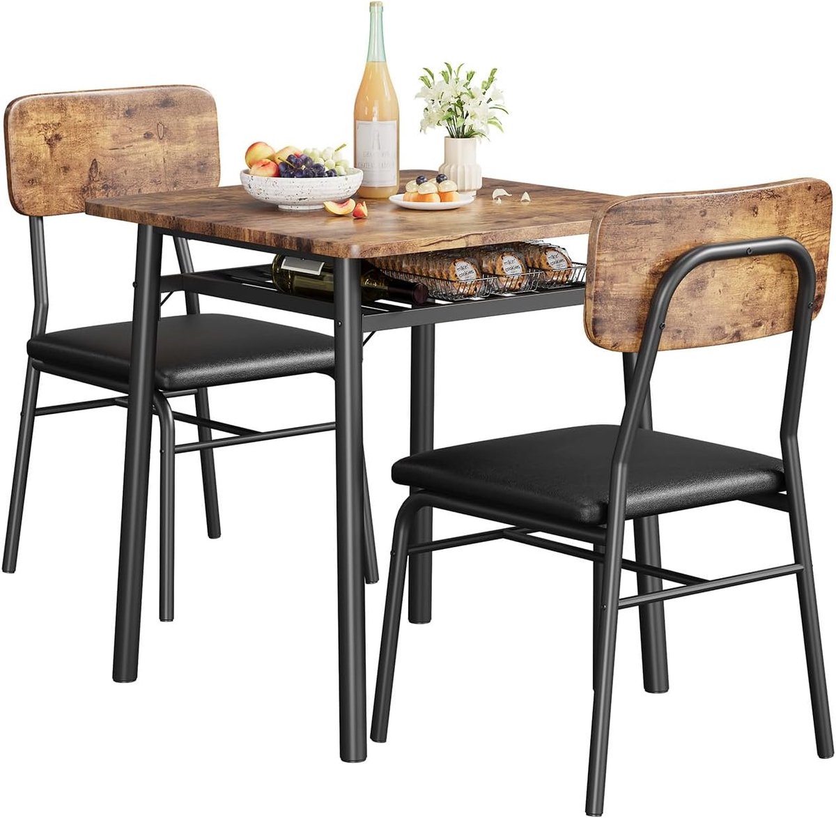 Compacte Eethoek voor 2 Personen - Eettafel met 2 Gestoffeerde Stoelen & Opbergrek - bruin- Ruimtebesparend - Complete Keukentafel Set