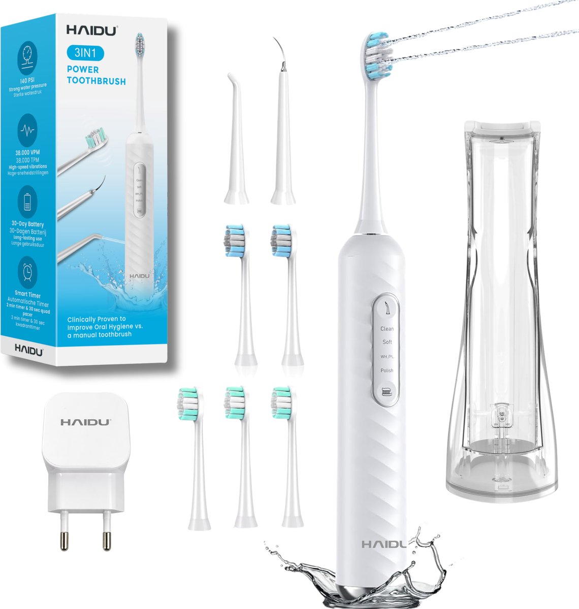 HAIDU Elektrische Tandenborstel Wit met 5 Opzetborstels en Oplader – Waterflosser en Monddouche – 3 in 1 – Premium