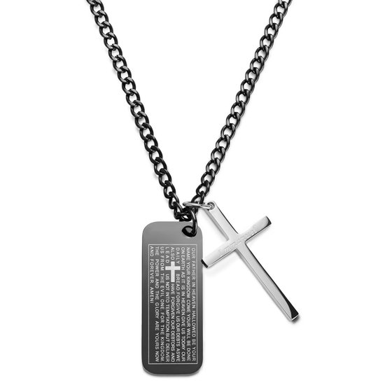 Zwarte dogtagketting met kruis en gebedsopdruk.
