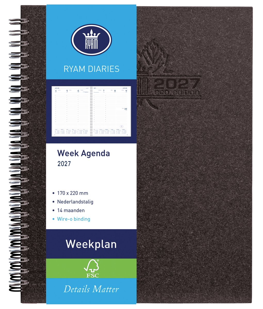 Ryam | Bureau agenda | Weekplan Wire-O Wit NL Eco | 2027 | Spiraal | 170 mm x 220 | 14 mnd | Zwart |