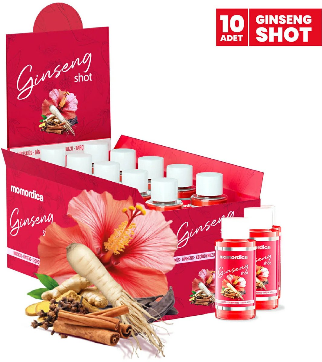 Momordica Ginseng Shot Superfood Complex - Hibiscus - Ginseng Johannesbrood - Kaneel - Kruidnagel - 10 stuks