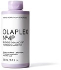 Fles Olaplex No.4P Blonde Enhancer Toning Shampoo, 250 ml, met een paarse dop, op een witte achtergrond.
