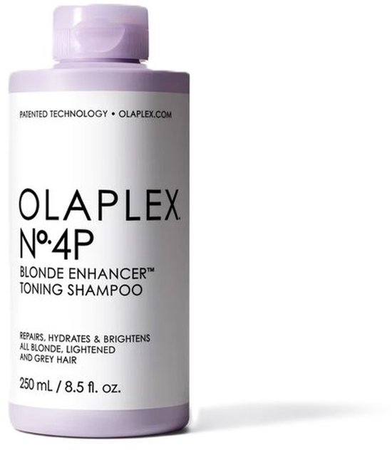 Fles Olaplex No.4P Blonde Enhancer Toning Shampoo, 250 ml, met een paarse dop, op een witte achtergrond.