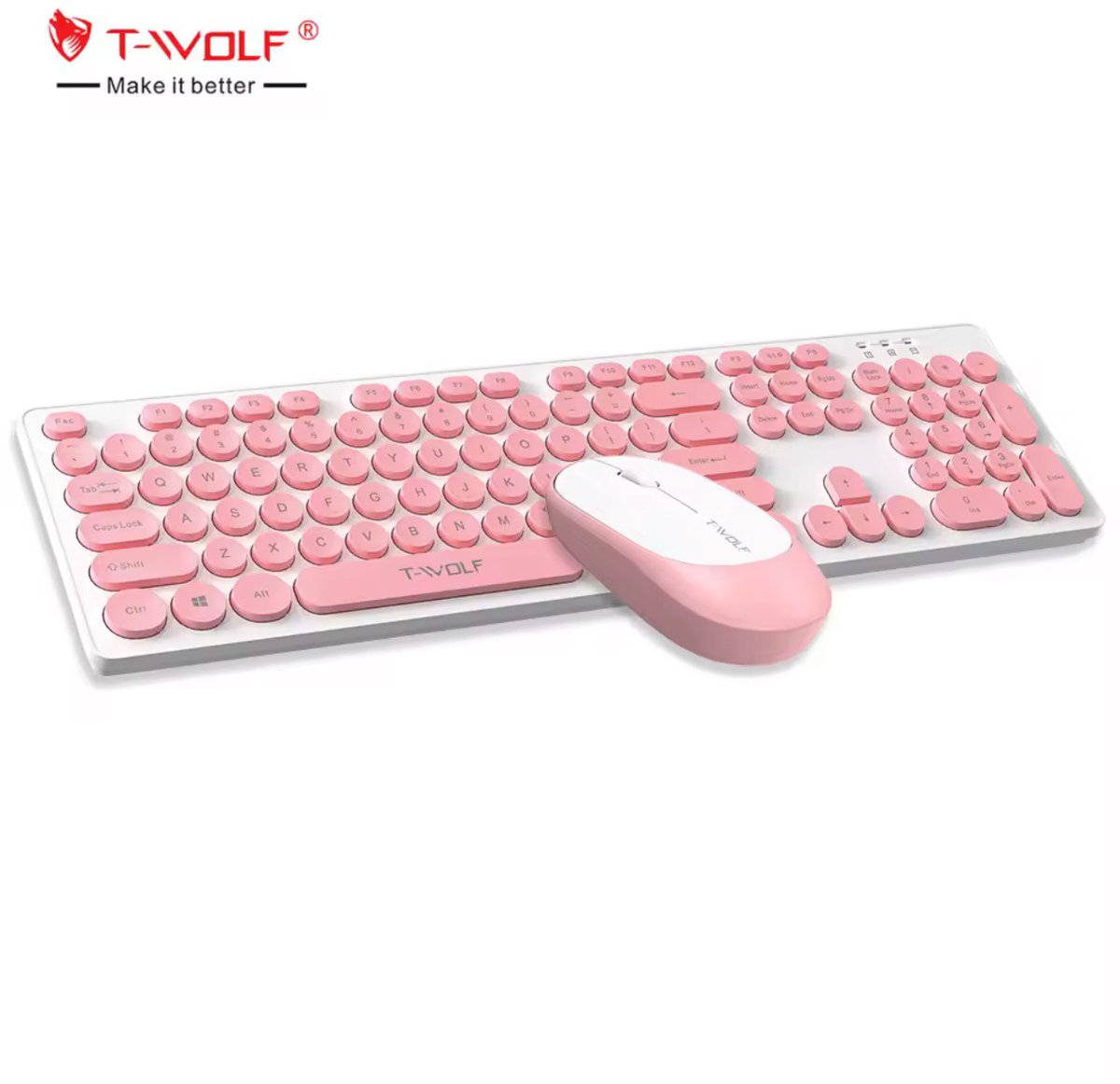 Draadloos Toetsenbord en Muis Set – 2.4G Wireless – 104 Toetsen – Stil Typen – Retro Ronde Toetsen – USB Ontvanger – 10m Bereik – Roze