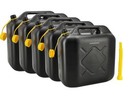 Jerrycan 20 Liter Zwart – Set van 5 – Kunststof Brandstof Jerrycans voor Benzine & Diesel met Schroefdop en Schenktuit