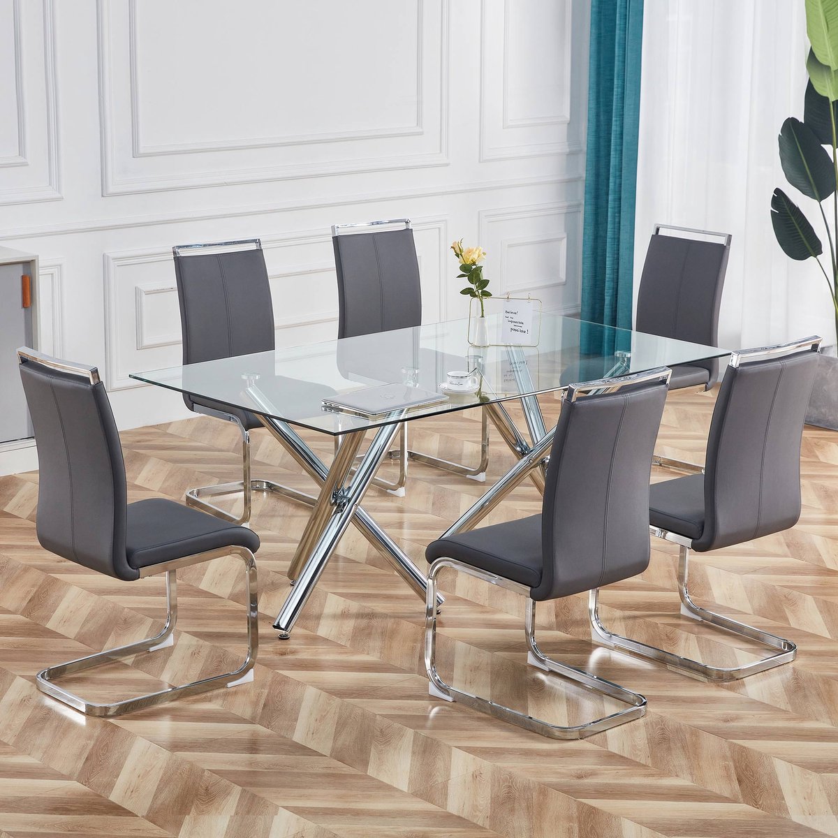 REDOM - Eetkamerstoelen Set Van 4 - Sledeframe - Ergonomisch - Verchroomd Metaal - Kunstleer - Grijs