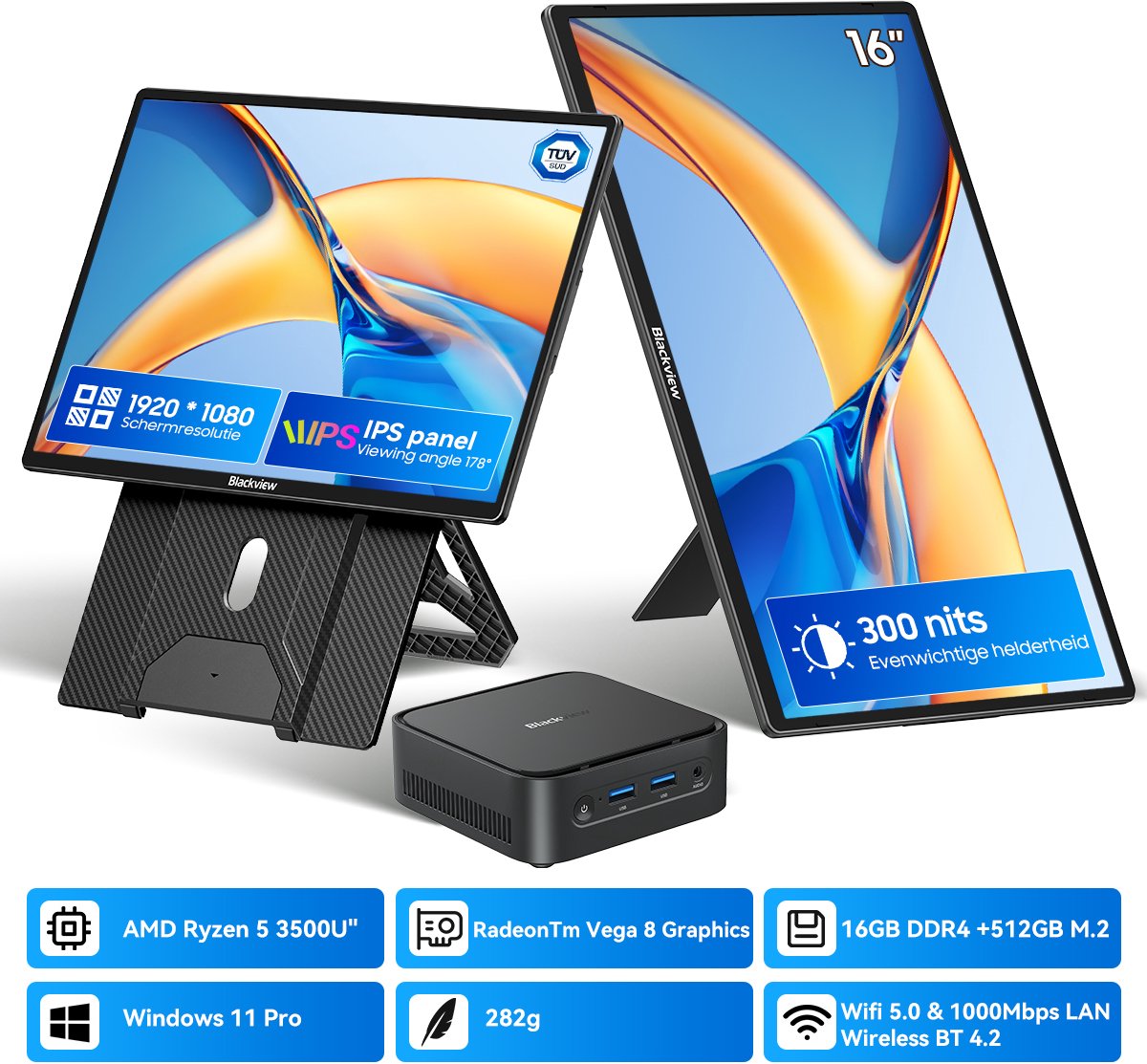 Blackview MP50 Mini PC + Table 10 Draagbare Monitor Set - 16GB DDR4 512GB SSD - AMD Ryzen 5 3500U tot 3,7GHz - Windows 11 Pro - WiFi 5 4K UHD - Gigabit Ethernet - Toetsenbord Muis - 23,8 Inch FHD USB-C HDMI - Zwart