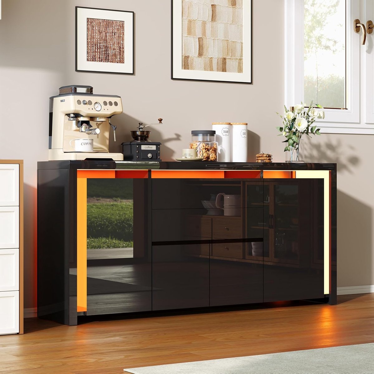 Dressoir met LED verlichting 160 x 35 x 75 cm – Hoogglans keukenkast met 2 laden en 4 deuren – Modern buffetkast / opbergkast / halkast – Zwart – Laura