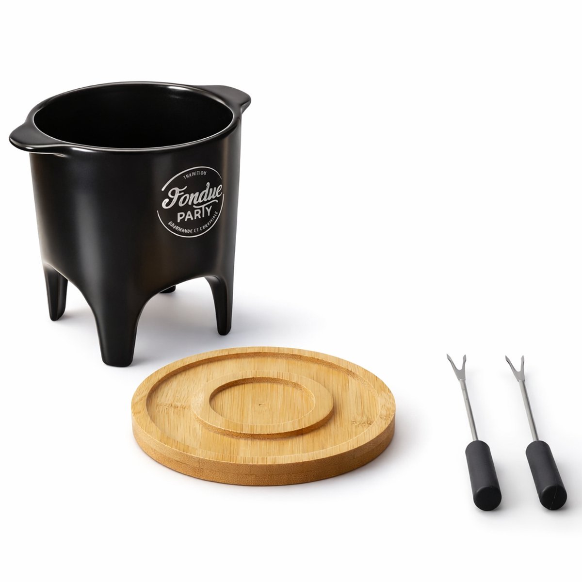 Fondue Set voor 2 Personen – Keramiek met Bamboe Onderplaat – Inclusief 2 Vorkjes – Ø 11 x H 15 cm – foto 2