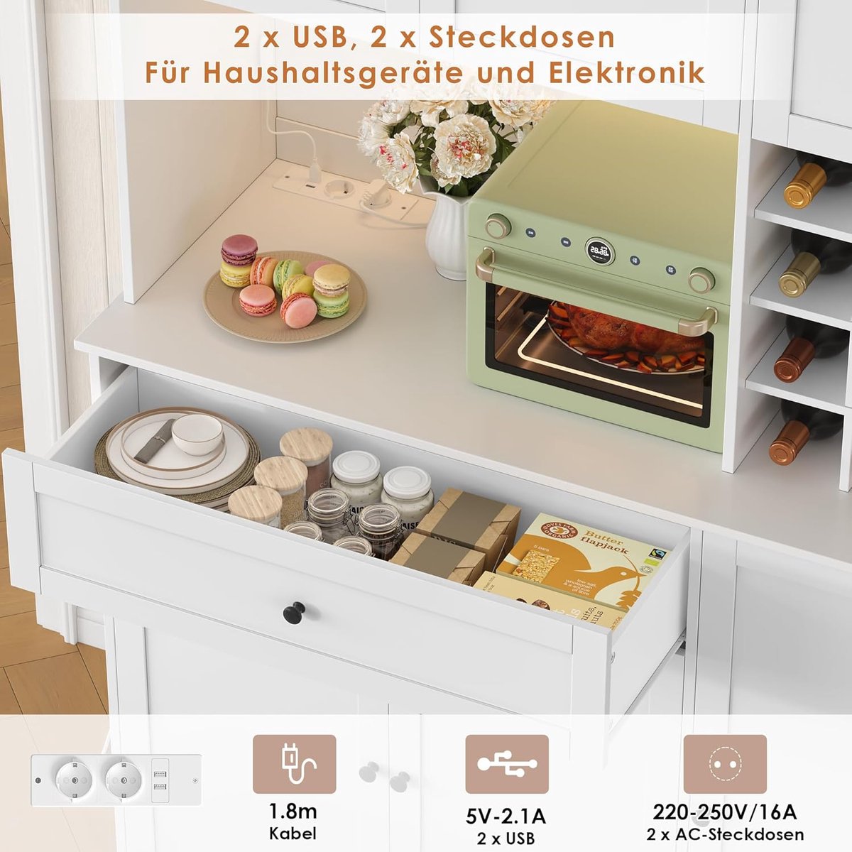 Keukenkast met Werkblad en LED 180x100x39 cm – Buffetkast met Stopcontact, USB, Wijnrek voor 12 Flessen, Opbergkast met Lade en Verstelbare Planken – Moderne Keukenkast Wit – Laura