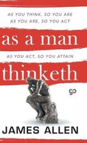 Boek 'As a Man Thinketh' van James Allen. Rood met witte strepen en een beeld van een denkend man.