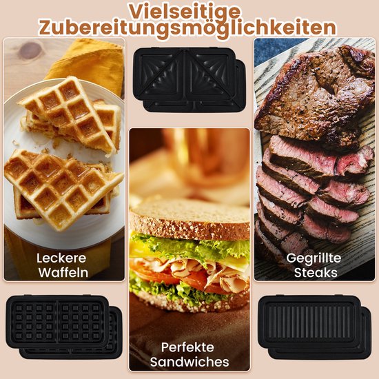 COSTWAY Elektrische sandwichmaker, 1200 W, 3-in-1 wafelijzer, panini-pers en sandwichtoaster, draagbare contactgrill met 6 afneembare antiaanbakplaten en 5 temperatuurregelingen van Costway — afbeelding 4