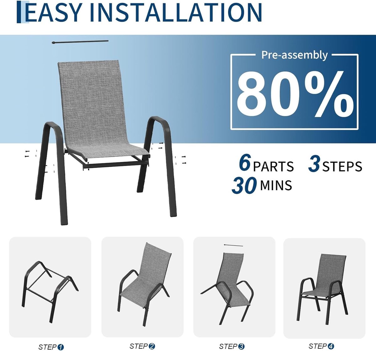 Tuinstoelen Set van 4 - Stapelbaar - Textileen & Metaal - Weerbestendig en Roestvrij - Luxe Buitenstoelen voor Tuin, Balkon & Terras - Grijs – foto 7