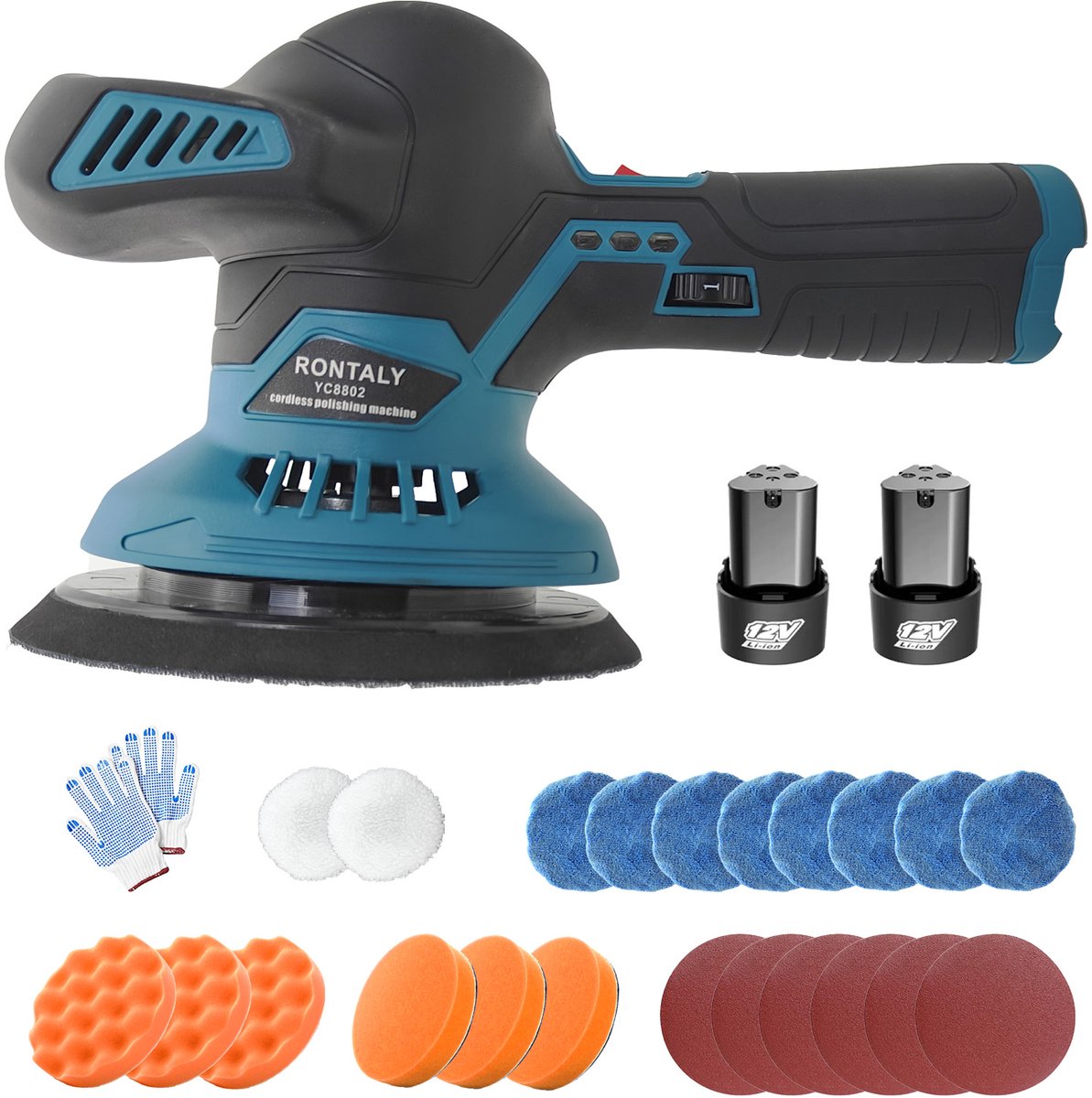 Autopolijstmachine voor autodetailing, 6 variabele snelheden 2800-5800 tpm, autopolijstmachine, inclusief 2 batterijen.