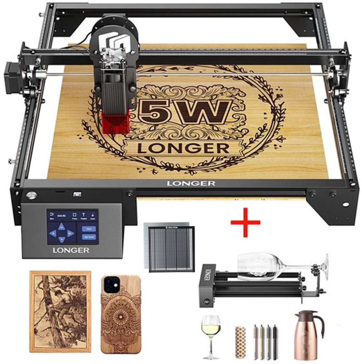 LONGER RAY5 5W Lasergraveermachine – met Rotary Roller & Honingraat Werktafel – Touchscreen – CNC Laser Cutter voor Hout, Acryl, Leer & Glas