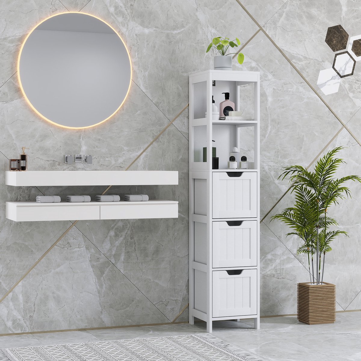 MODFU Badkamerkast - 3 Lades En 2 Open Vakken - Retro - Voor Badkamer Of Woonkamer - MDF - Wit - 30 X 30 X 142,4 Cm