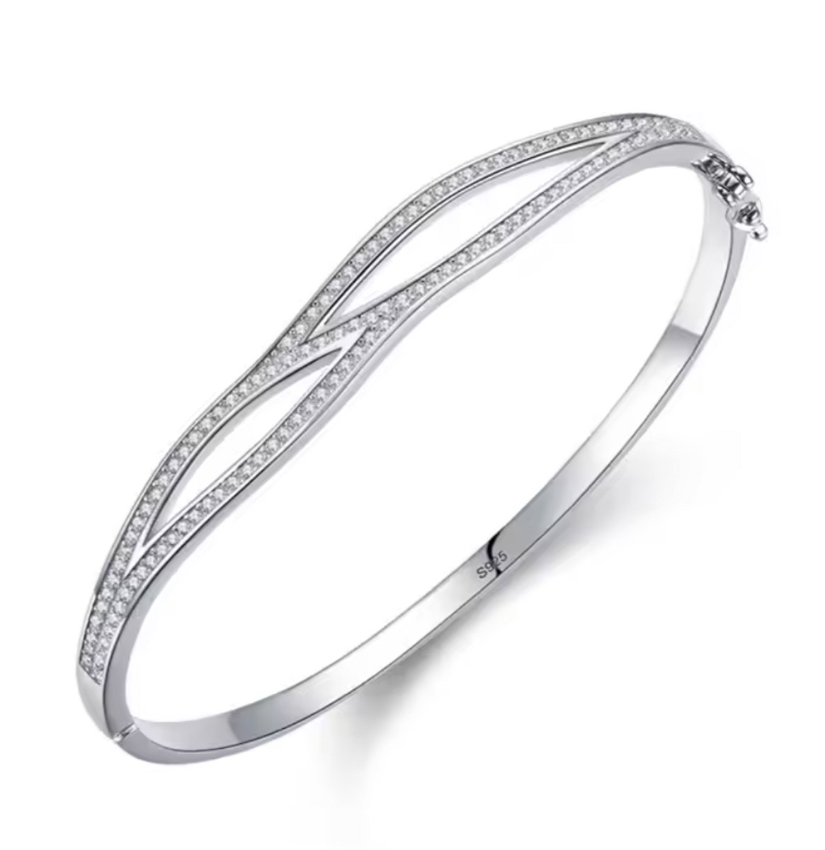Zilveren 925 bangle met zirkonia, modern met schanier en veiligheidsachtje