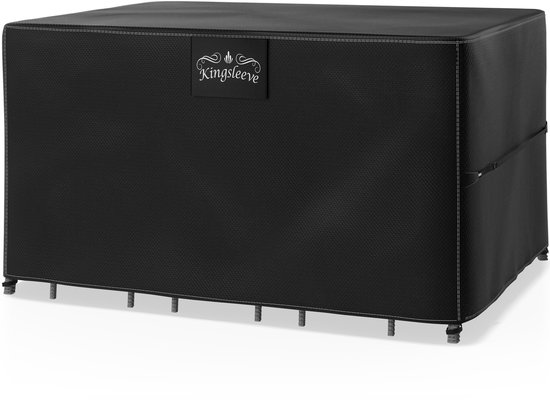 Zwarte Kingsleeve beschermhoes voor rechthoekige tafel, met stiksels en logo.