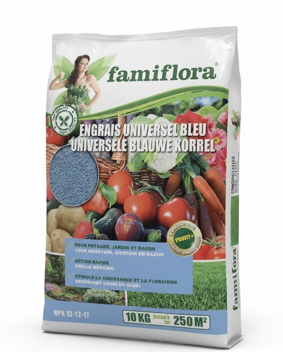 Famiflora meststof - blauwe korrel - 10 kg - voor 250 m² - De snelle werking geeft je planten direct een boost waardoor ze zichtbaar sterker reageren