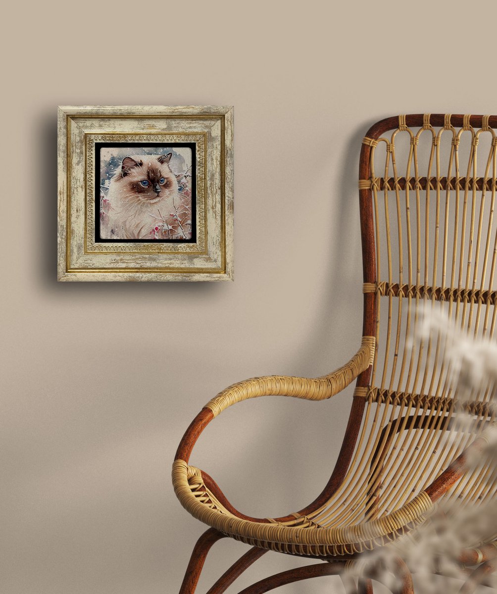 Artlijn Pluizige Kat met Blauwe Ogen – Natuursteen Wanddecoratie – Travertin Steen Art Print