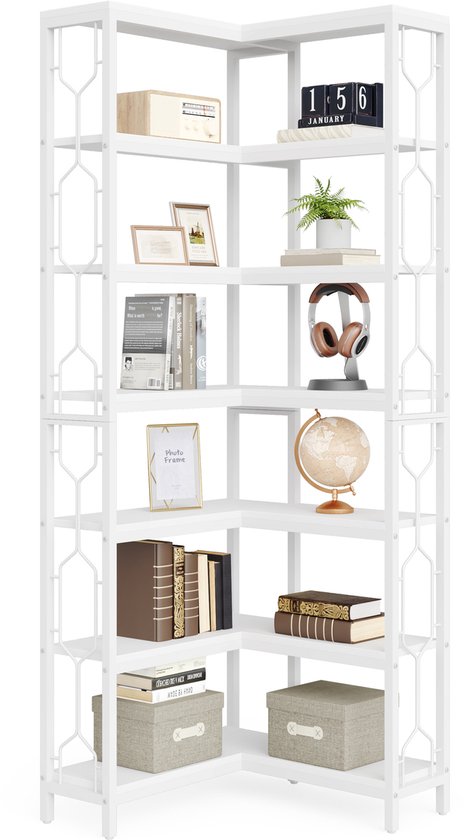 Tribesigns - Bibliothèque - Bibliothèque d'angle avec 7 Étagères - Industriel - MDF/Métal - Wit - 60 x 60 x 200 cm