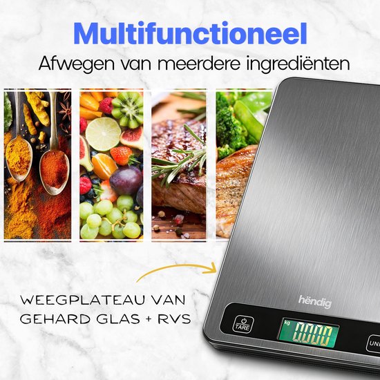 Hëndig Keukenweegschaal Digitaal - Weegschaal Keuken - Precisie Weegschaal - Keuken Weegschaal - Weegschaalkeuken - 1 gram - 15 kg - Tarra functie - Incl. Batterijen