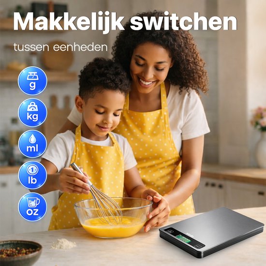 Hëndig Keukenweegschaal Digitaal - Weegschaal Keuken - Precisie Weegschaal - Keuken Weegschaal - Weegschaalkeuken - 1 gram - 15 kg - Tarra functie - Incl. Batterijen