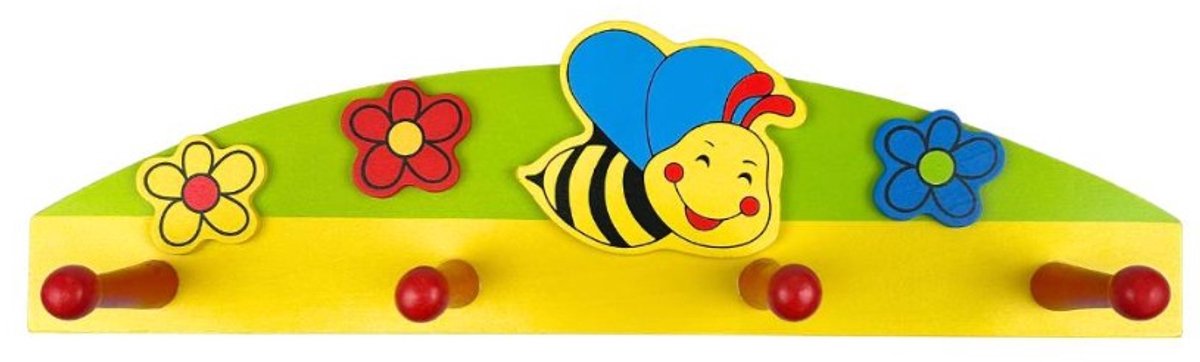 playwood Kinderkapstok met bloemen en bij en 4 ophanghaken