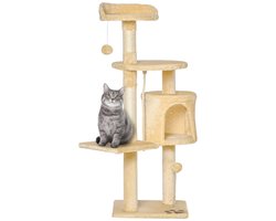 PawHut houten krabpaal voor katten met 4 niveaus, slaapplaats, speelgoed, balletje en touw, hoogte 114 cm