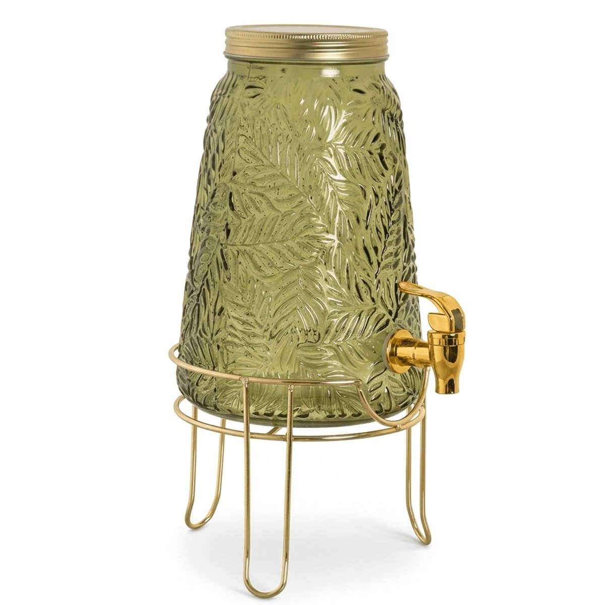 Drankdispenser Leafs Verde 3,3L met Tap Kraan en Metalen Onderstel – Groen / Goud