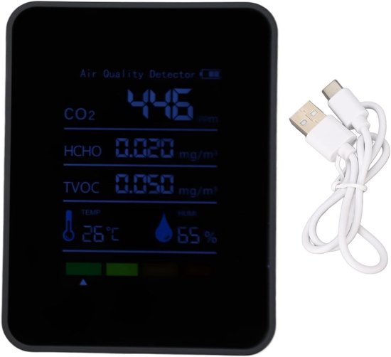 Allecto - CO2 Detector - Batterij-gevoed - Binnenluchtkwaliteit Monitor - HCHO TVOC - Temperatuur en Vochtigheid - 5 in 1 Meter - Geschikt voor Rei...