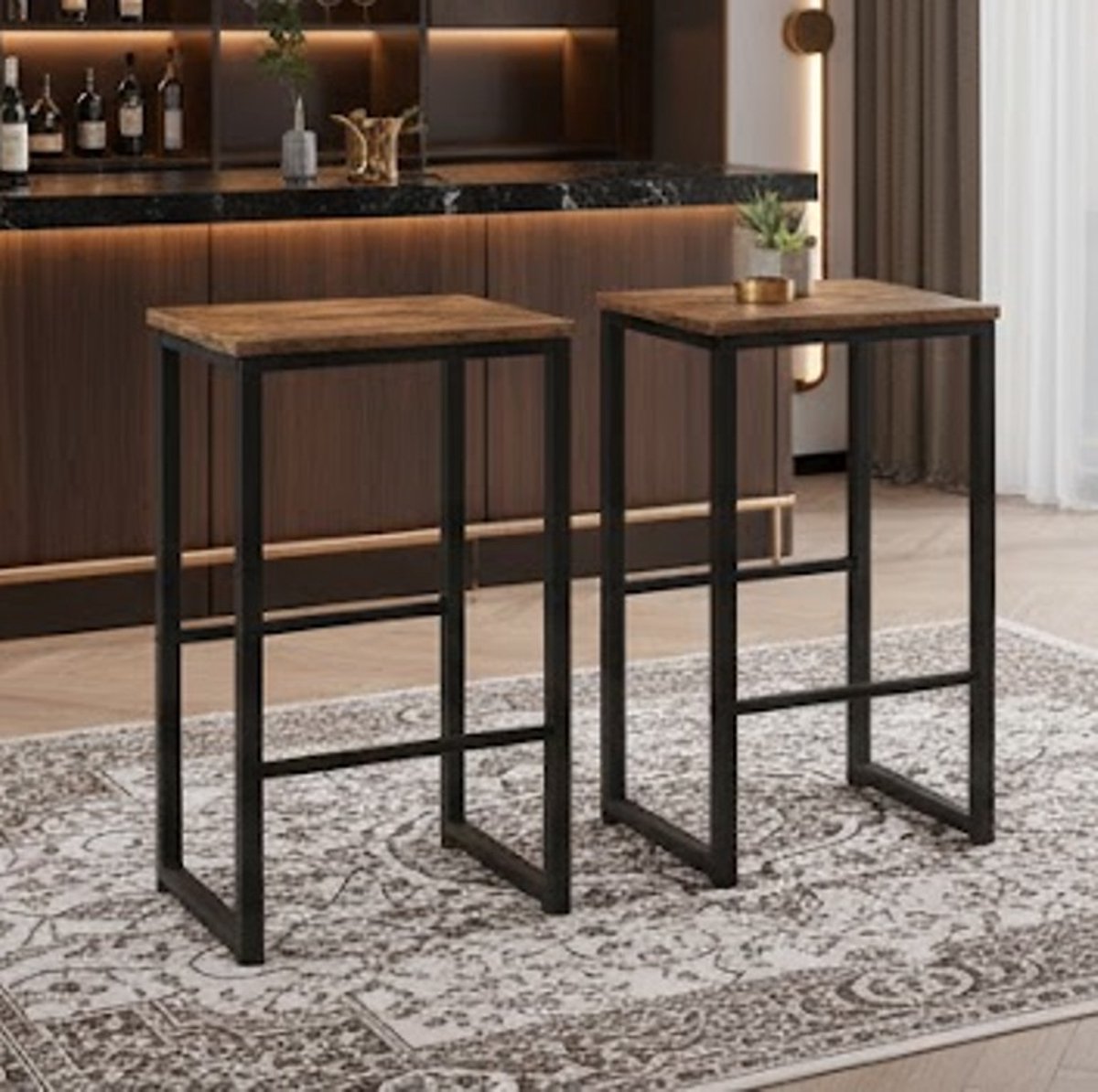 Industrieel Barstoel Set van 2 – Houten Barkrukken met Metaal Frame, Verschillende Voetsteunen, Comfortabele Stoelen voor Keuken, Bar, Woonkamer en Bistro, Rustic Brown Casa Serena – Afmetingen op ...