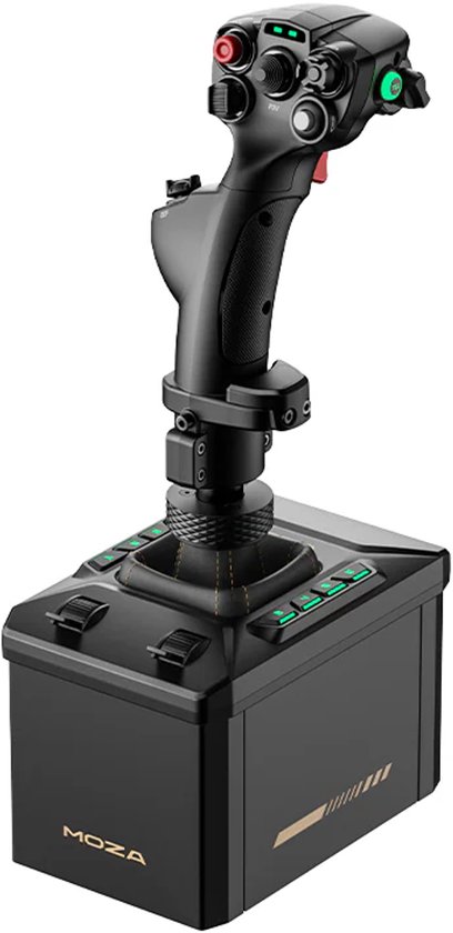 Manette de vol MOZA noire avec boutons verts lumineux, boutons rouges et logo doré.