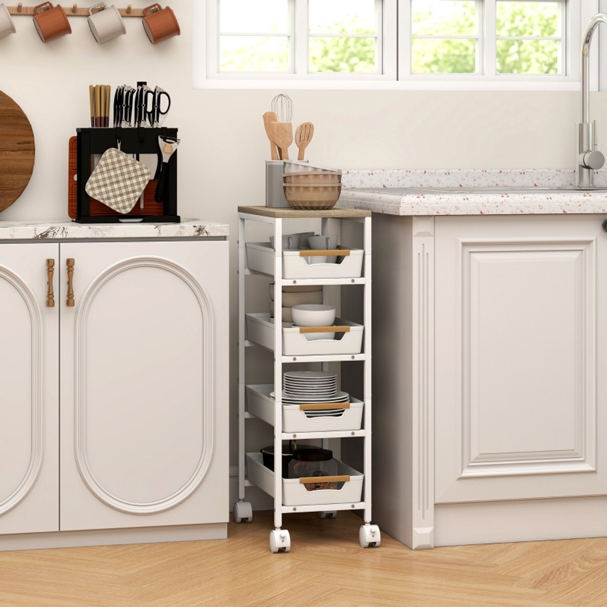HAUSS SPOLE Keukenwagen - Smal Verrijdbaar Met 4 Laden - Voor Keuken En Badkamer - Metaal - 39,5x24x82 Cm - Wit